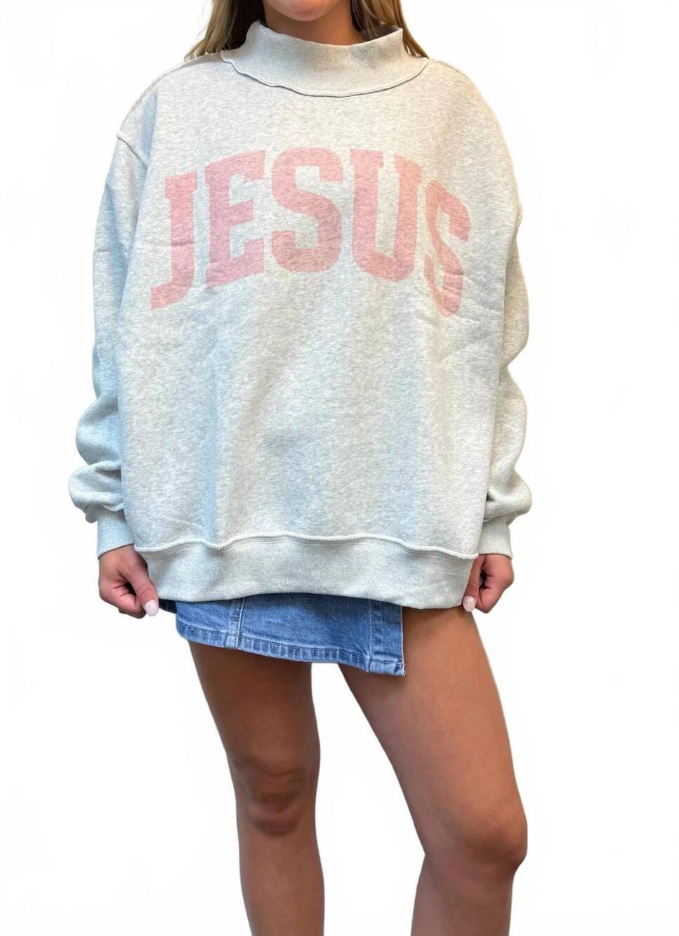 NEW BUCKETLIST jesus and god is good reversible mock neck sweatshirt in heather